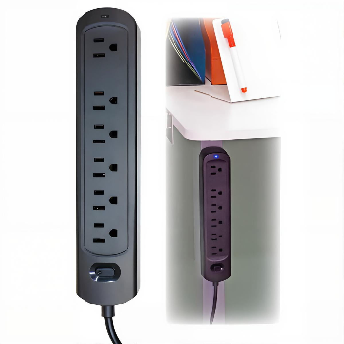 A tall black multi-outlet power strip shown on a white background, with a smaller inset showing it mounted under a desk near a computer monitor.