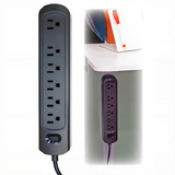 A tall black multi-outlet power strip shown on a white background, with a smaller inset showing it mounted under a desk near a computer monitor.