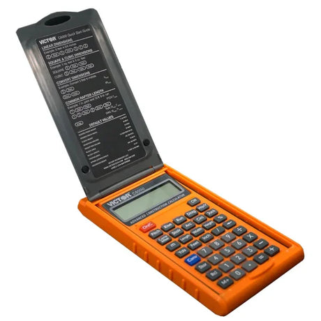 Orange construction calculator with LCD screen and protective flip cover displaying function guide.