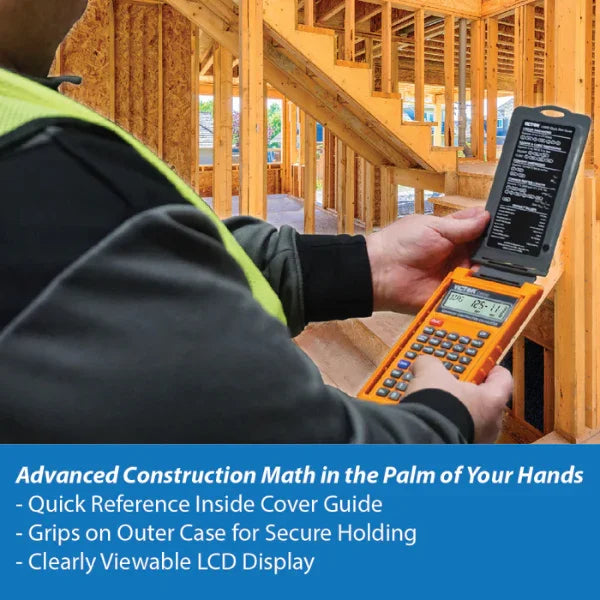 Person using an orange construction calculator with flip cover at a wooden building site