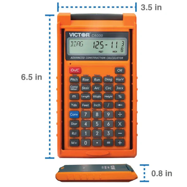 Orange construction calculator with labeled dimensions 6.5 x 3.5 x 0.8 inches