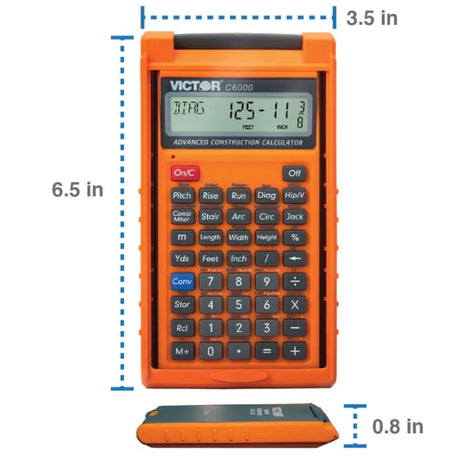 Orange construction calculator with labeled dimensions 6.5 x 3.5 x 0.8 inches