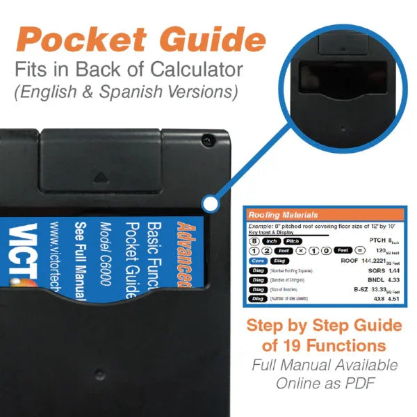 Construction calculator with rear pocket guide, step-by-step function guide, and roofing materials chart.