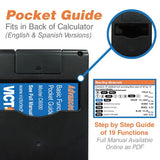 Construction calculator with rear pocket guide, step-by-step function guide, and roofing materials chart.