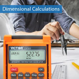 Construction calculator displaying area calculation, architect using compass at desk with drawings