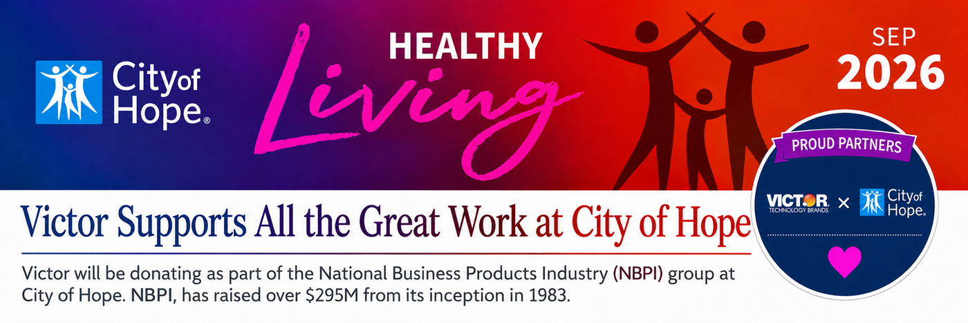 A promotional banner for City of Hope featuring the text 'HEALTHY Living' in pink script, a blue City of Hope logo, the date 'SEP 2026,' and a circular badge reading 'Proud Partners Victor.' The design has a red-to-purple gradient background with silhouettes of people and white text.