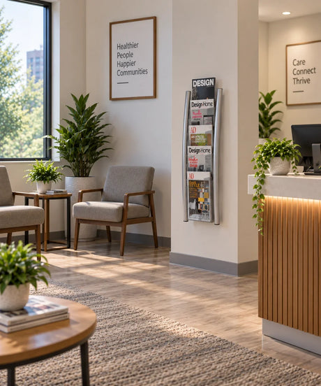Alba wall mounted literature display with 5 compartments in a modern office waiting area