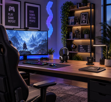 Alba headphone holder and pen pot on a modern gaming desk with RGB lighting