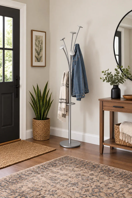Alba silver modern coat stand with five pegs holding a denim jacket and scarf in an entryway.