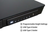 Black electronic device with USB ports and height settings on a white background