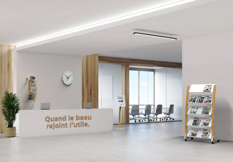Alba wooden wall and floor brochure display units in a modern office reception area.