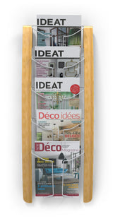 Alba designer wooden wall brochure display unit with five compartments holding magazines.