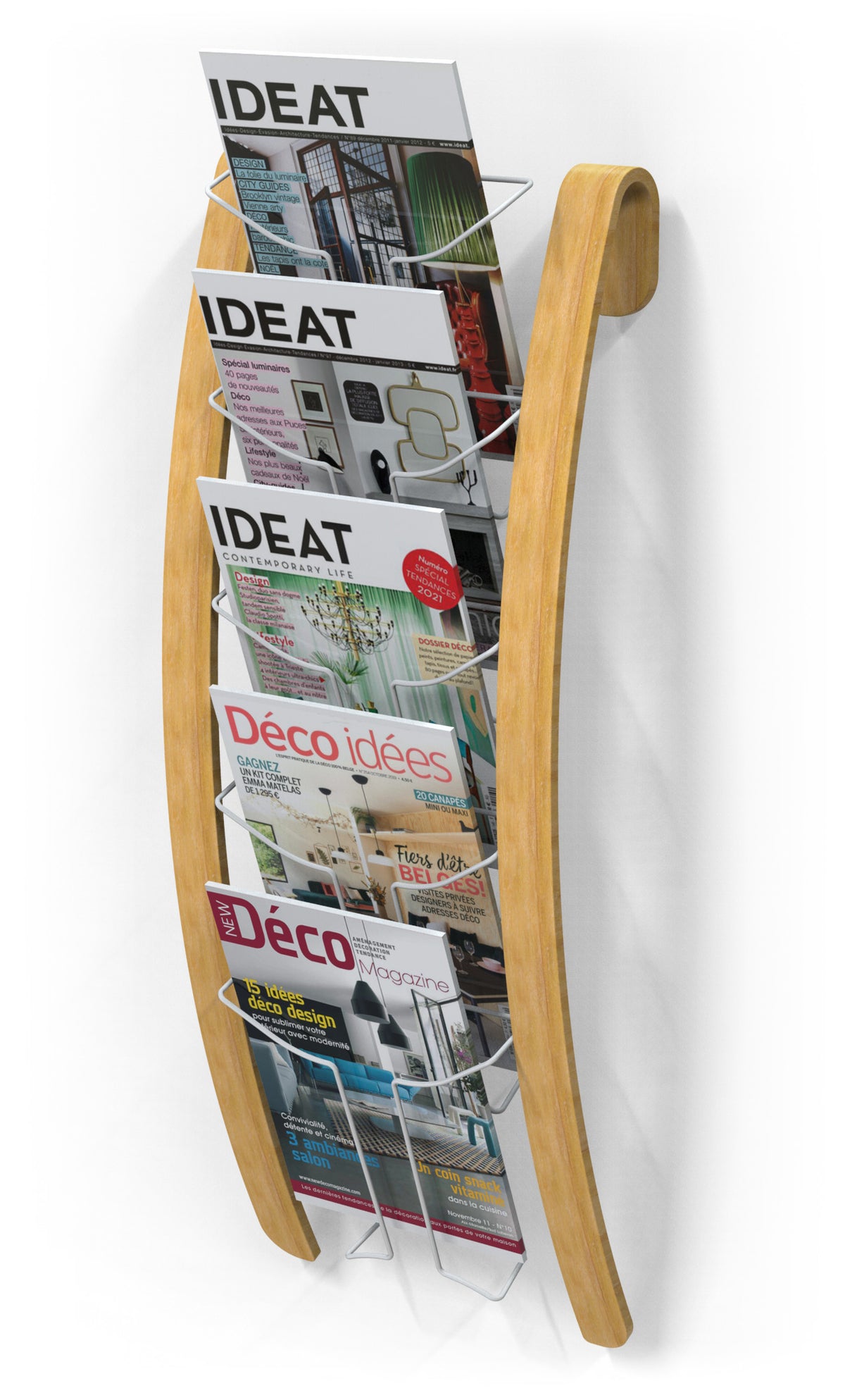 Alba wooden wall brochure display unit with five compartments holding magazines