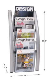 Alba wall mounted literature display with 5 compartments holding design magazines.