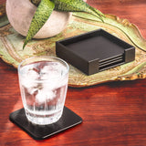 Dacasso Black Leather 4 Square Coaster Set w/ Holder