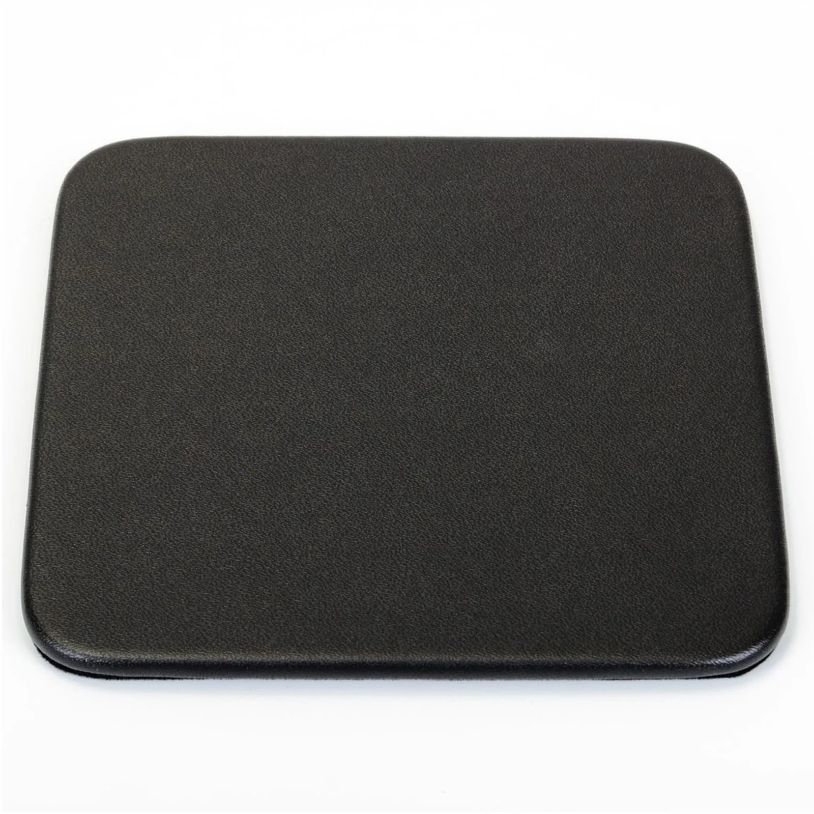 Black leatherette square coaster with rounded edges on white background