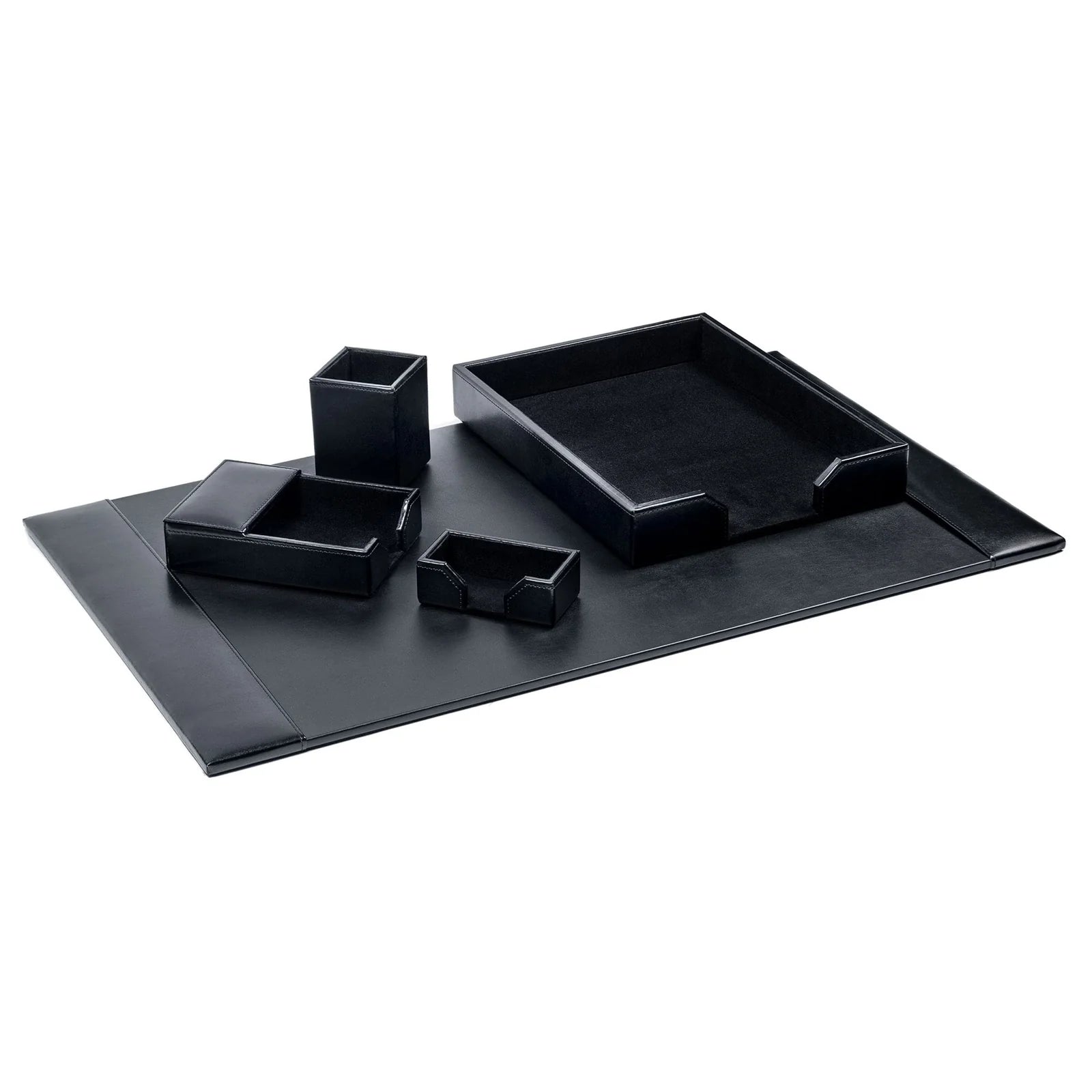 Black leather 5-piece desk organizer set with tray, pen holder, and desk pad on white background