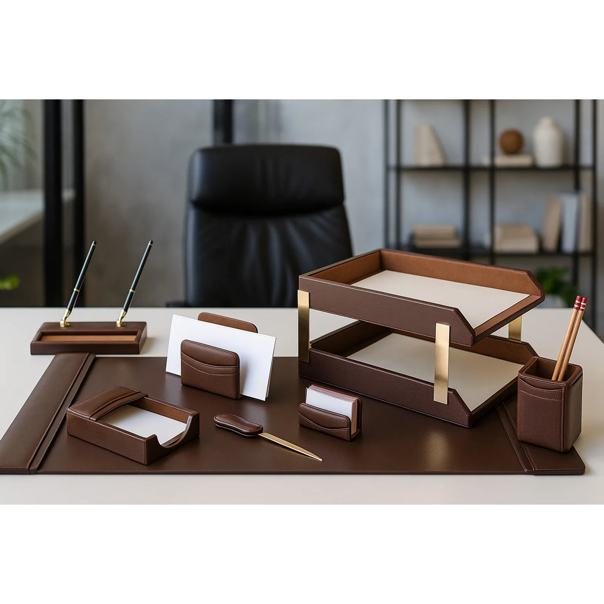 Dacasso Chocolate Brown Leather 10-Piece Desk Set
