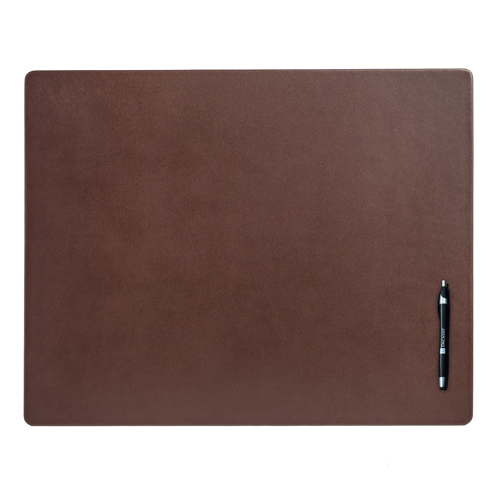Chocolate brown leather desk mat with pen, rectangular, smooth surface
