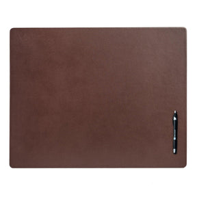 Dacasso chocolate brown leather desk mat with a black pen on the side