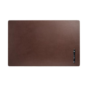 Dacasso chocolate brown leather desk mat with a pen resting on the right side.