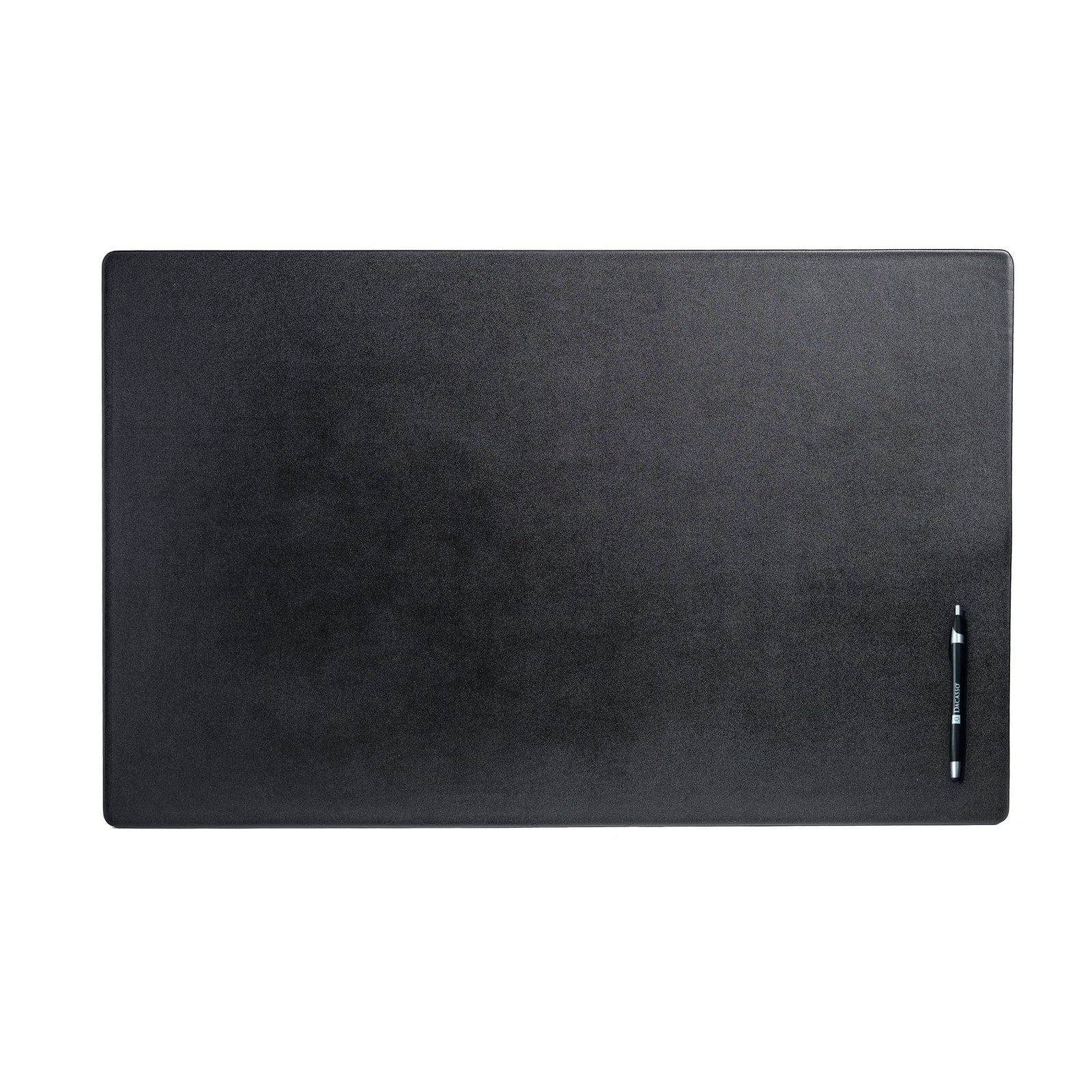 Black leather desk mat with smooth surface, pen placed on the lower right corner