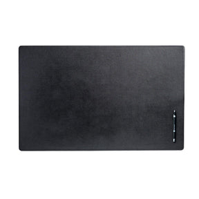 Dacasso Classic black leather 30" x 19" desk mat with a pen on the right side.