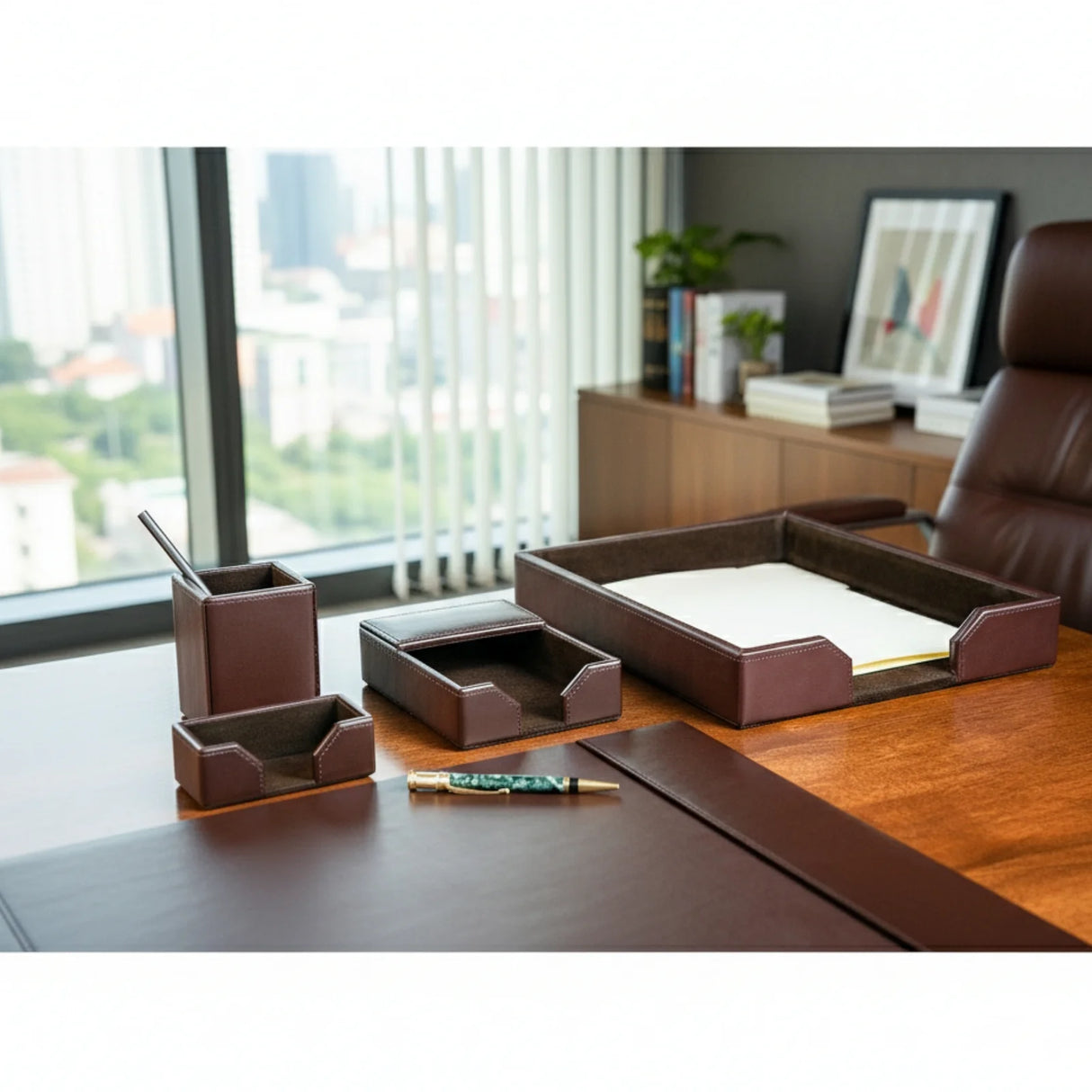Dacasso Dark Brown Bonded Leather 5-Piece Desk Set