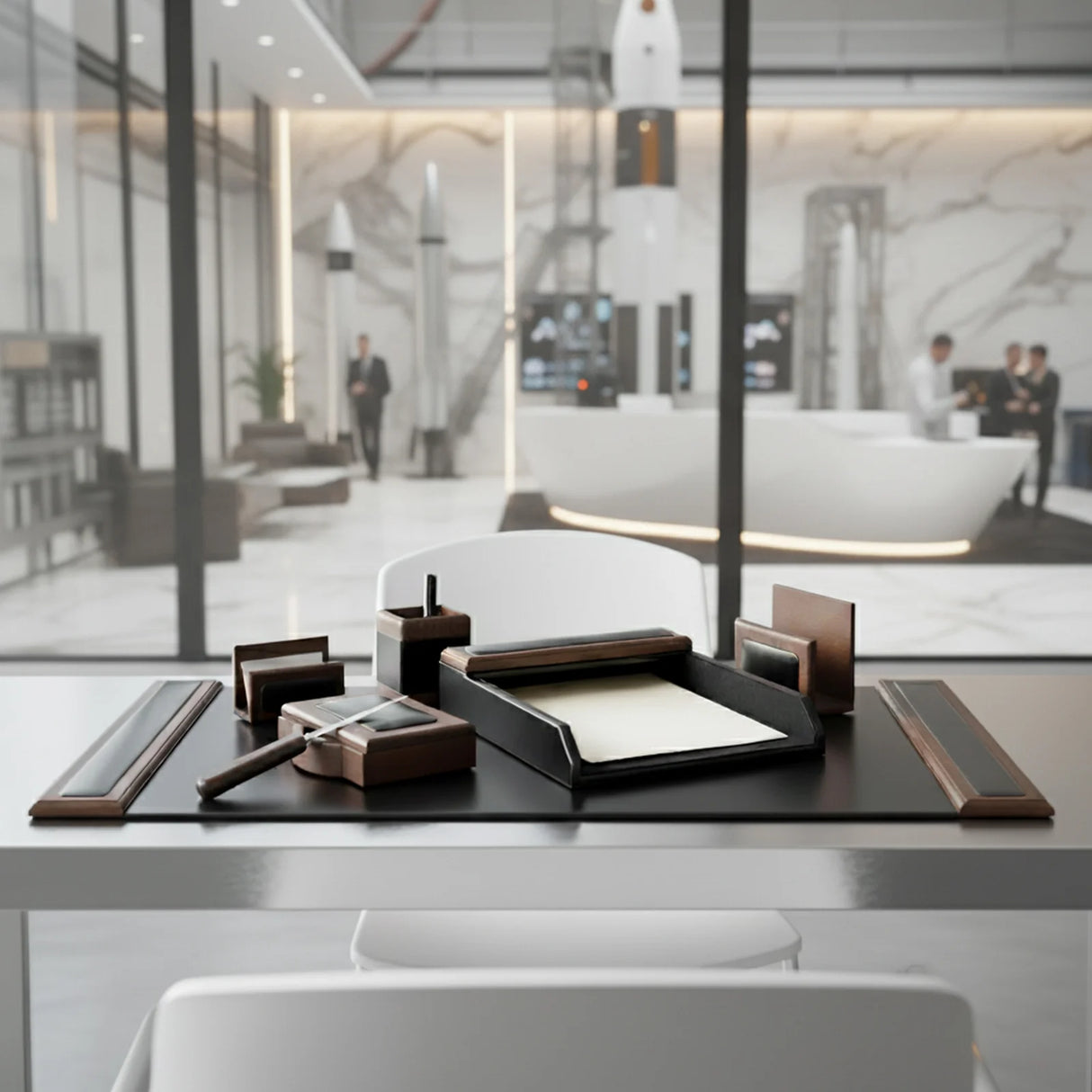 Dacasso Walnut & Black Leather 7-Piece Desk Set