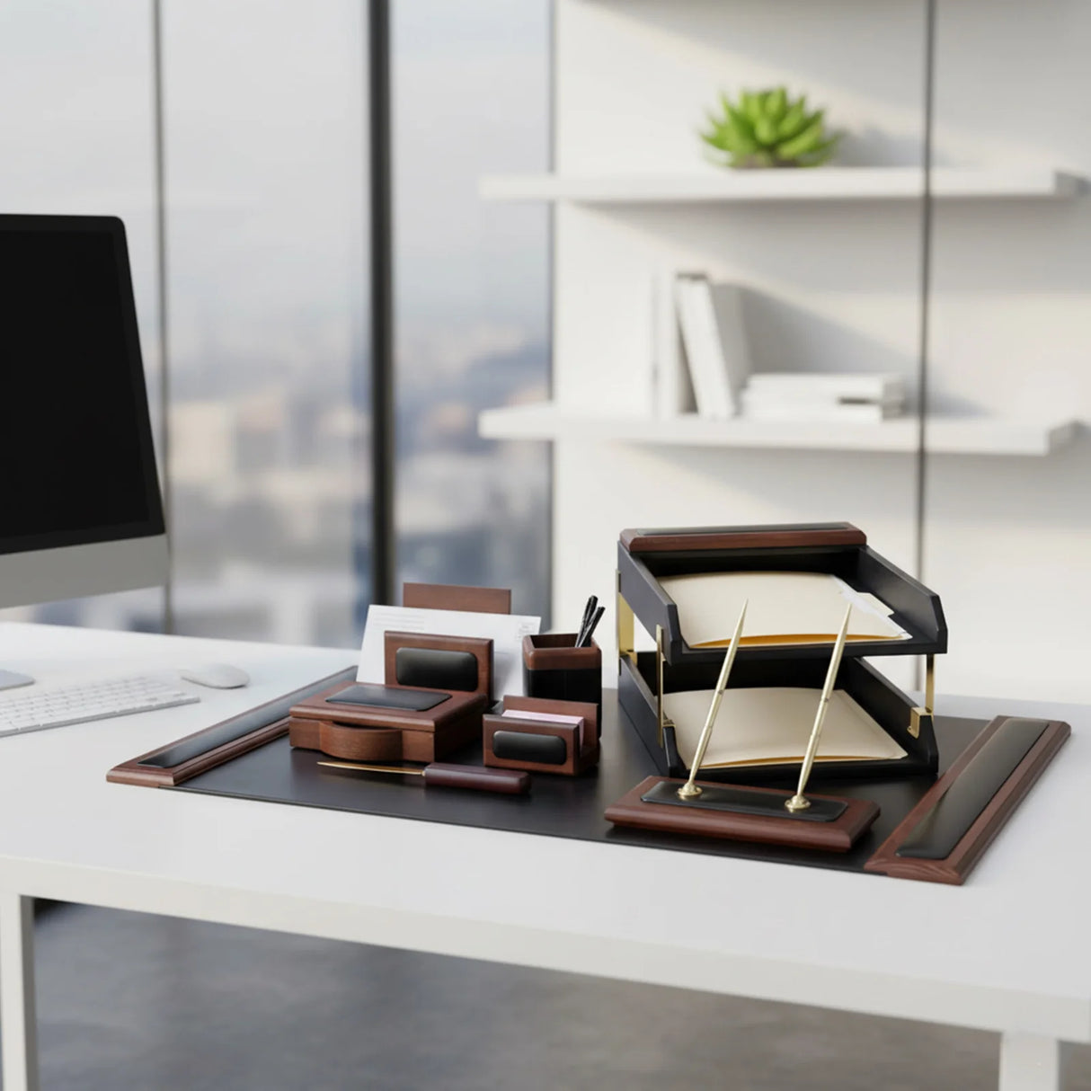 Dacasso Walnut & Leather 10-Piece Desk Set