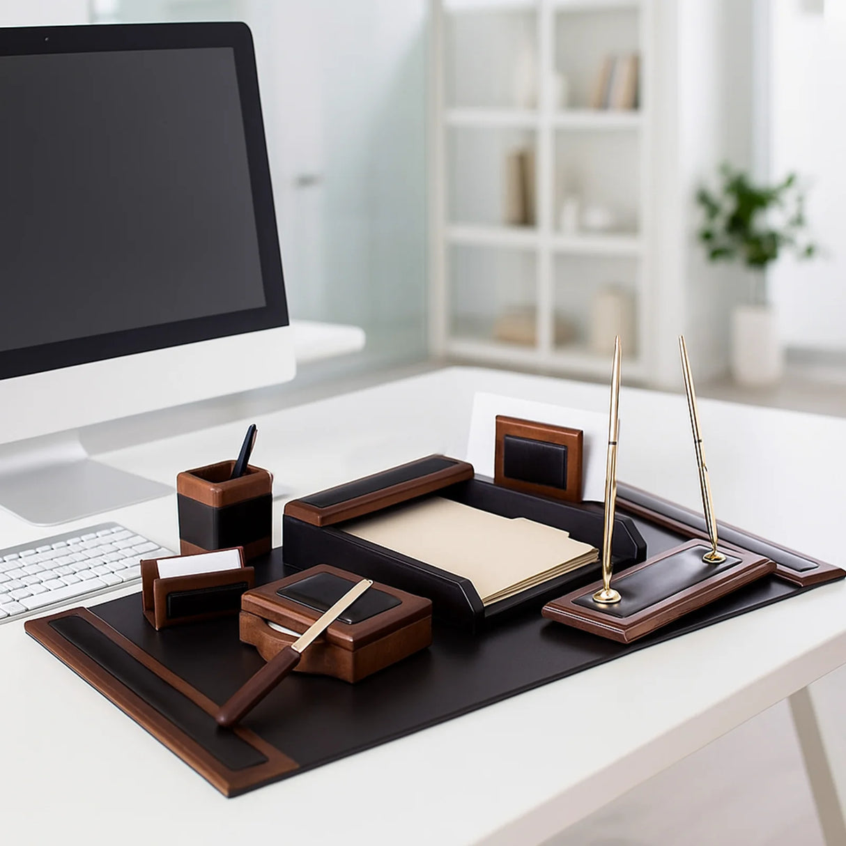 Dacasso Walnut & Leather 8-Piece Desk Set