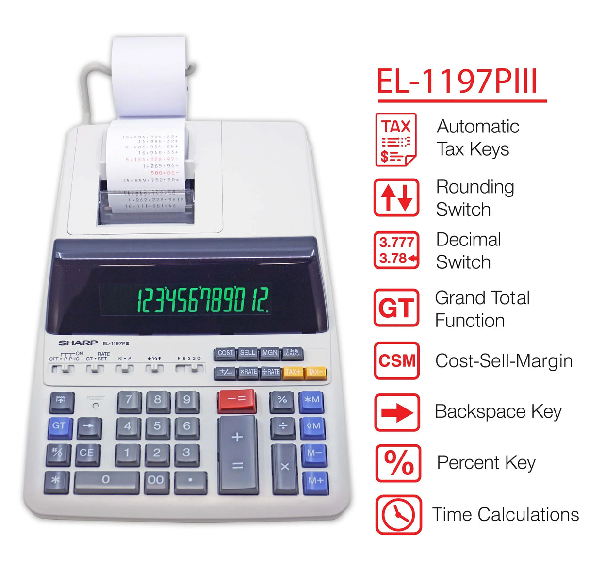 Sharp EL-1197PIII printing calculator with tax keys and multiple function features highlighted
