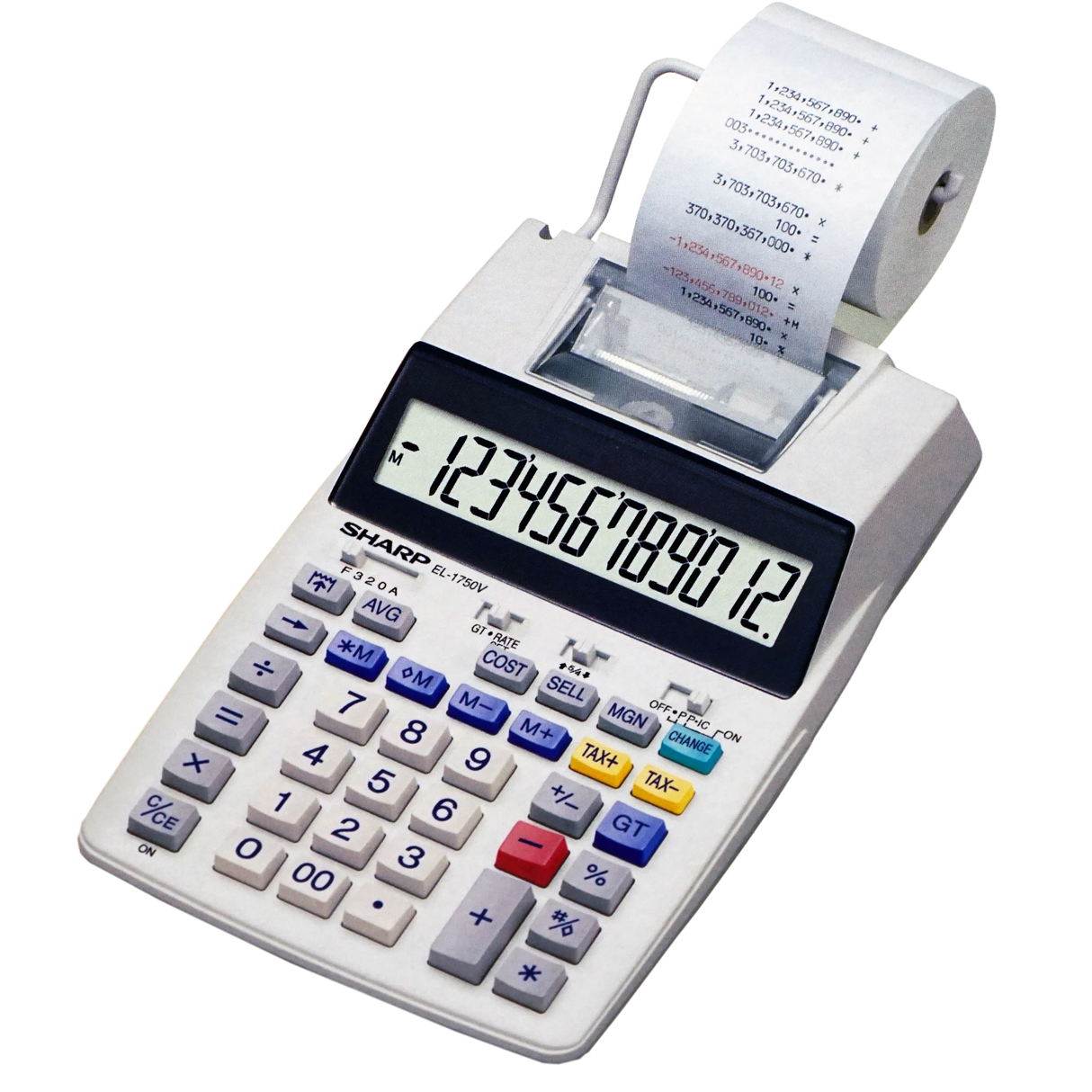 Desktop printing calculator with large display and paper roll for office or school use