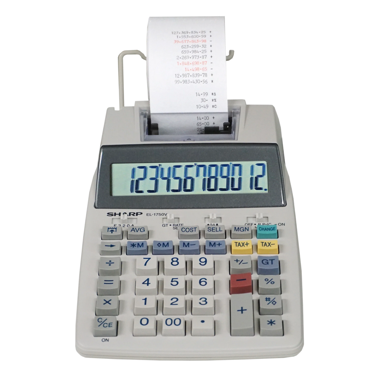 Sharp printing calculator with large display and paper roll for office or school use