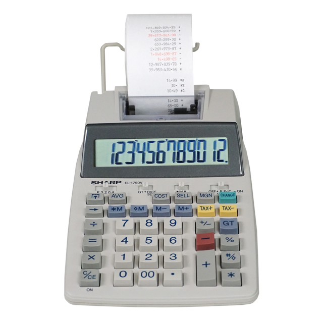 Sharp printing calculator with large display and paper roll for office or school use