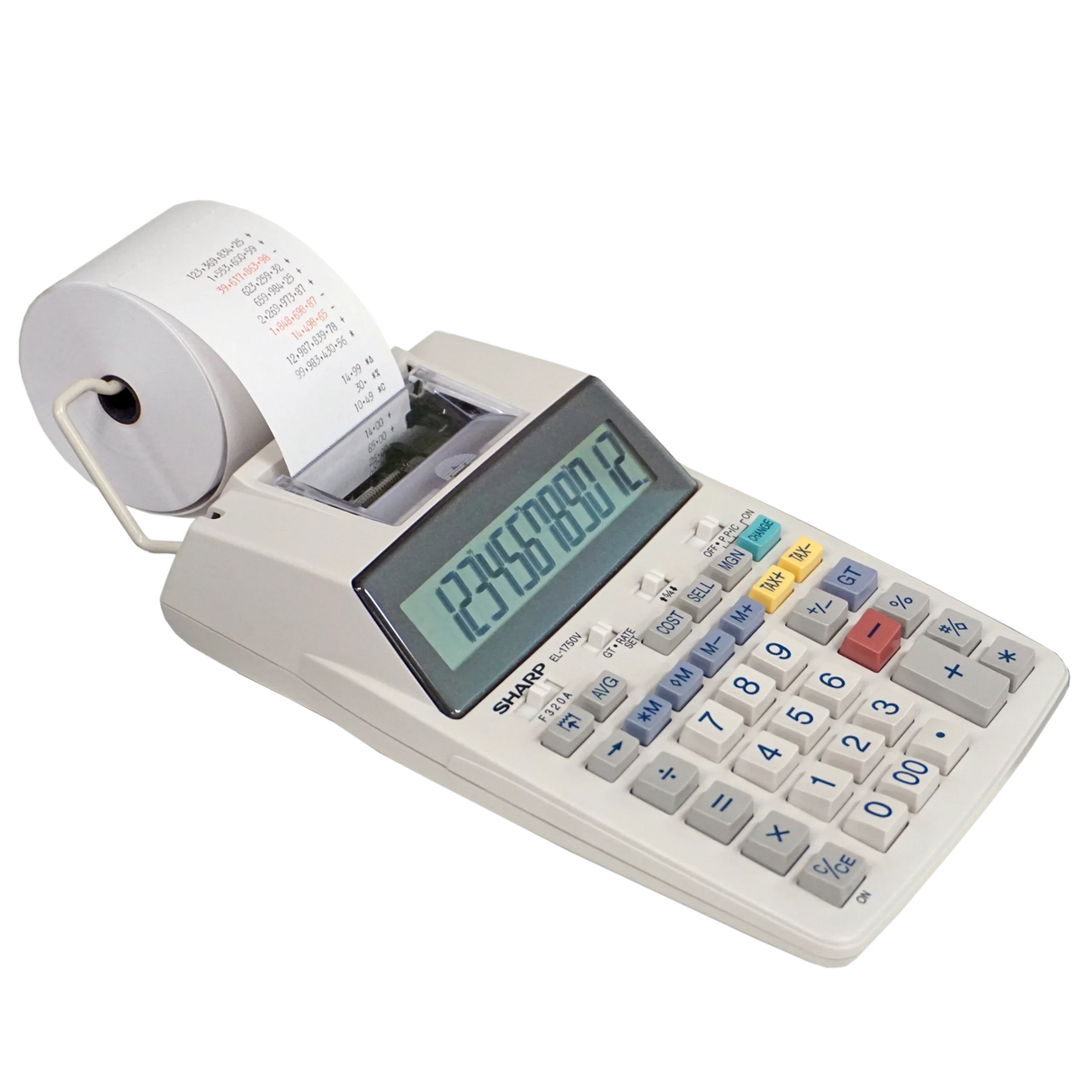 Printing calculator with paper roll, large display, and color-coded keys for office use