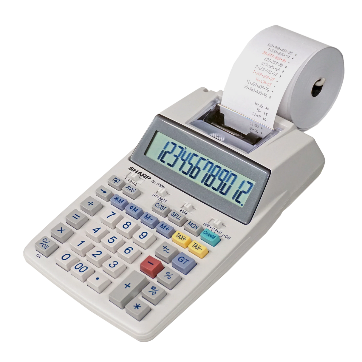 Printing calculator with paper roll, large LCD display and color-coded buttons