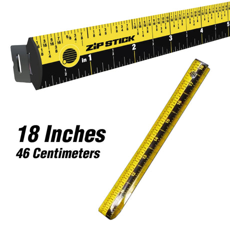 Yellow and black measuring tape with 'Zip Stick' branding on a white background