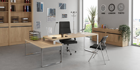 Modern office desk setup with wooden desk, black office chair, and metal frame. Features bookshelves, wall clocks for Paris, London, Tokyo, and indoor plants for workspace organization and productivity.