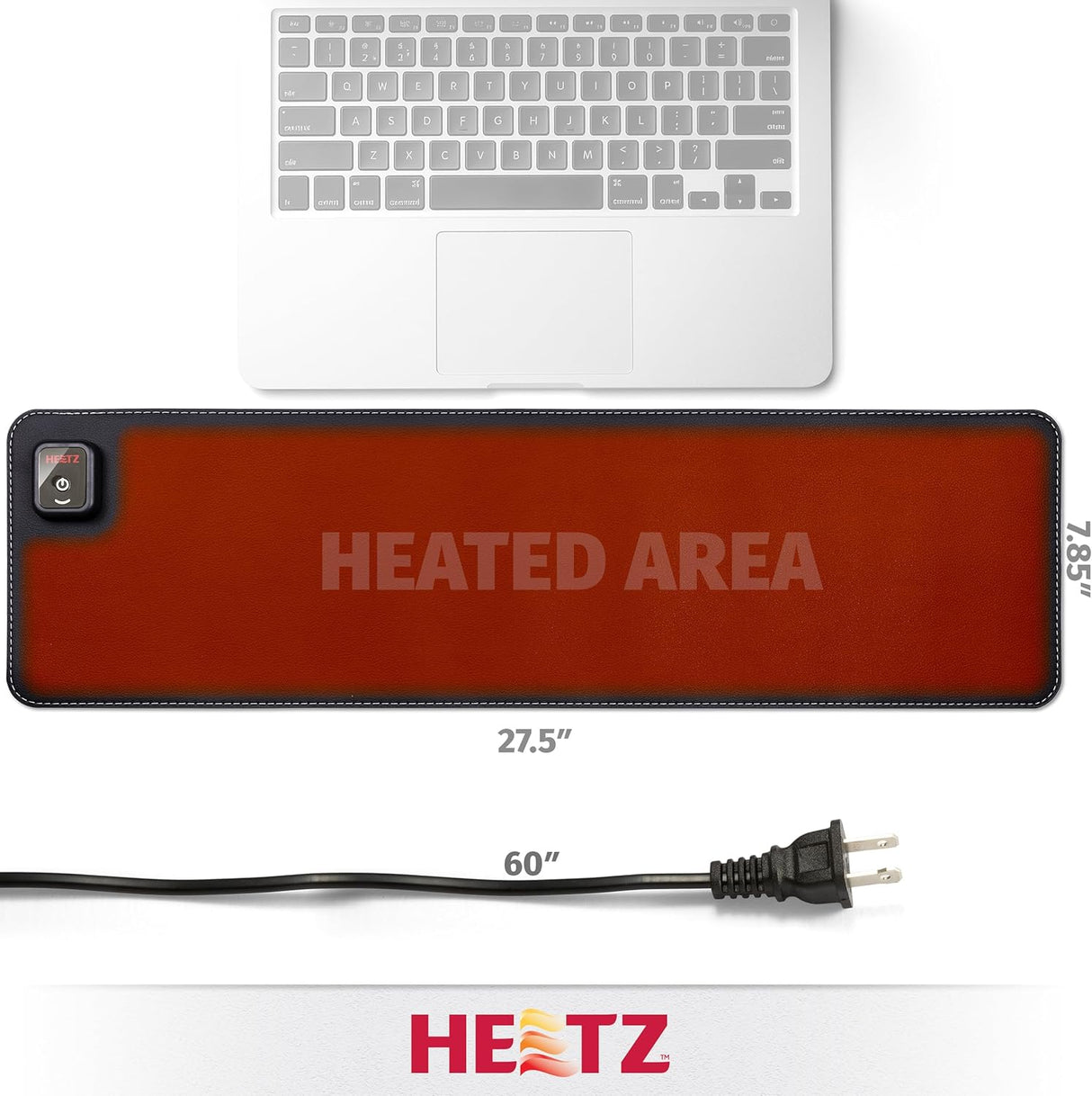 Heetz Heated Desk pad in front of laptop. Heetz logo on bottom of image