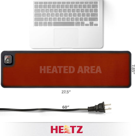 Heetz Heated Desk pad in front of laptop. Heetz logo on bottom of image