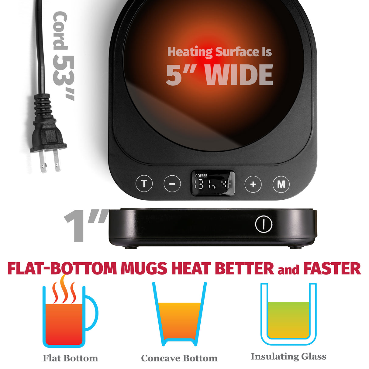 Black electric mug warmer with 5-inch heating surface, 53-inch cord, and digital controls, ideal for flat-bottom mugs.