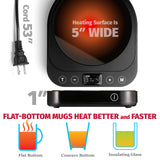 Black electric mug warmer with 5-inch heating surface, 53-inch cord, and digital controls, ideal for flat-bottom mugs.
