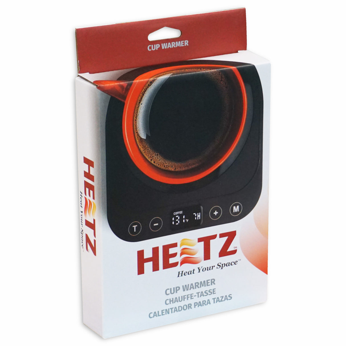 HEATZ cup warmer retail box featuring digital controls and a hot beverage illustration on front.