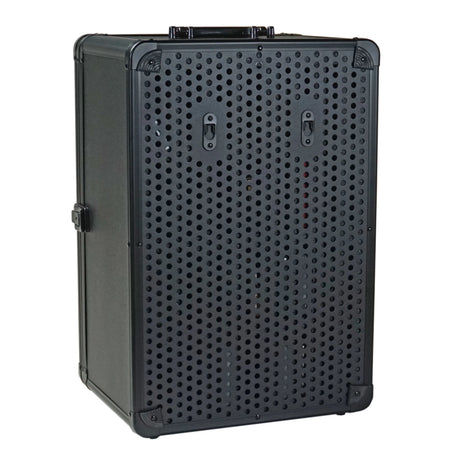 Rear view of a Vaultz cell phone locker with handle and lock mounts, an a ventilated back