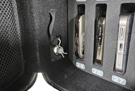 Close-up of cable lock securing a Vaultz cell phone locker in a classroom setting