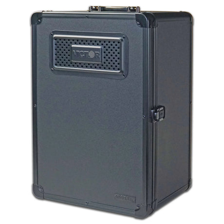Black portable cell phone storage locker by Victor Technology with handle and side latch for school safety