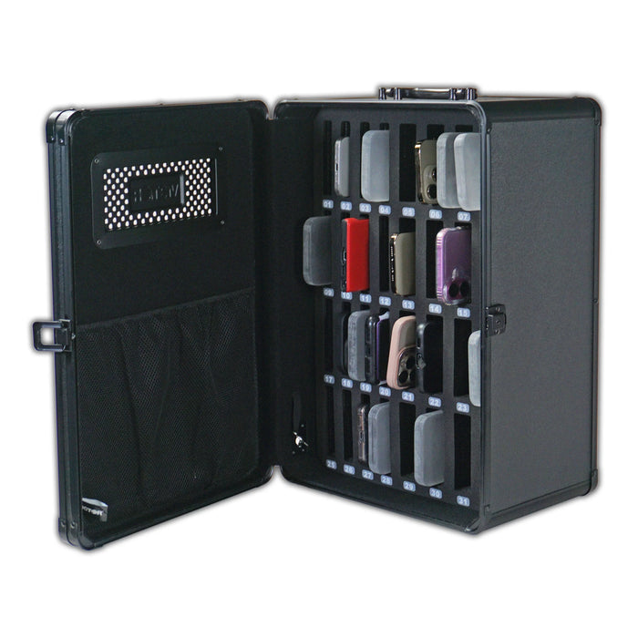 Open Vaultz cell phone locker with multiple slots securely holding mobile devices.