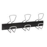 Wall-mounted black and silver organizer rack with four metal hooks for office or workspace