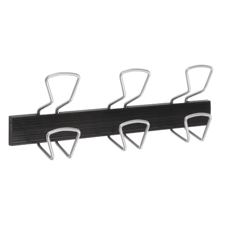 Wall-mounted black and silver organizer rack with four metal hooks for office or workspace
